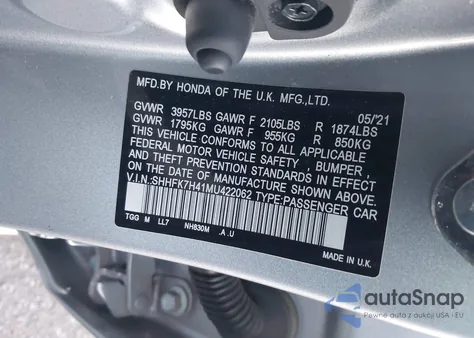 2021 Honda Civic Sport из США, поврежденный, VIN SHHFK7H41MU422062